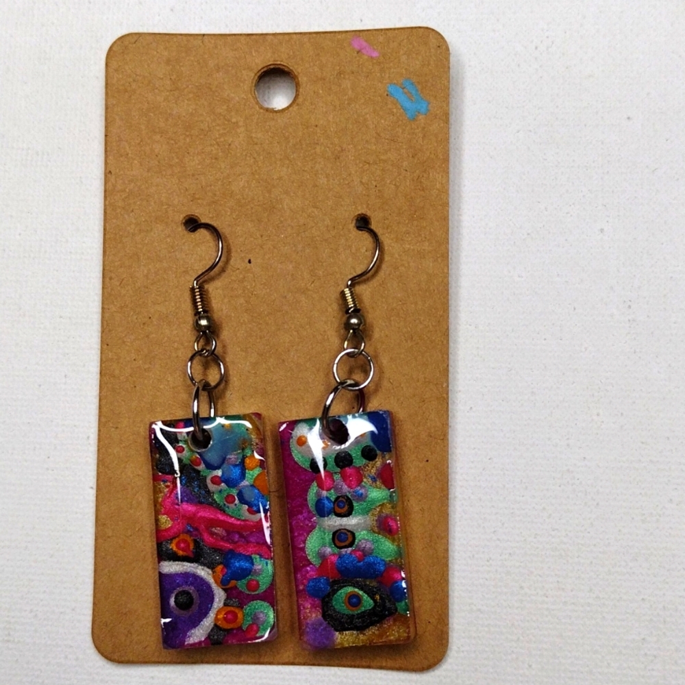 Color Splash rectangle OOAK artwork earrings hypoallergenic silver color hooks
